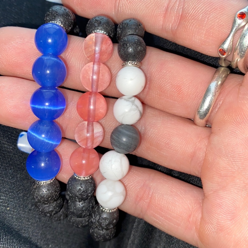 Howlite, Cherry Quartz, blue cats eye lava stone